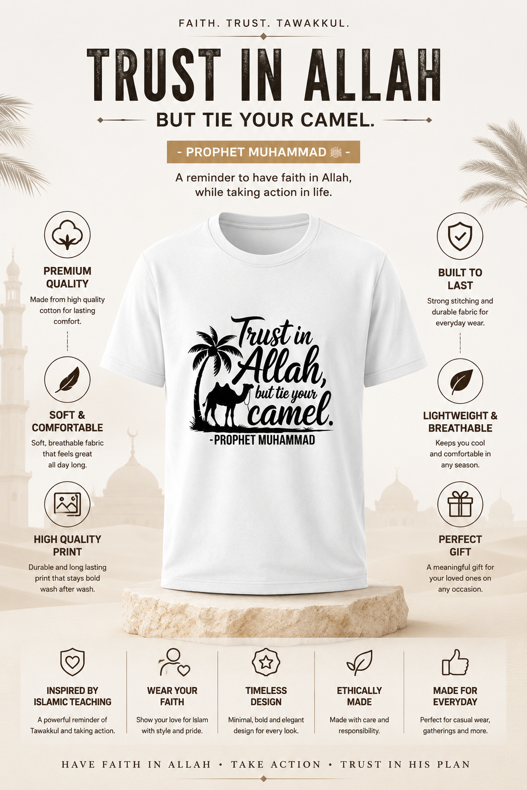 UMAR LOOKS Trust in Allah, Tie Your Camel Premium T-Shirt | Islamic Hadith Quote Tee |