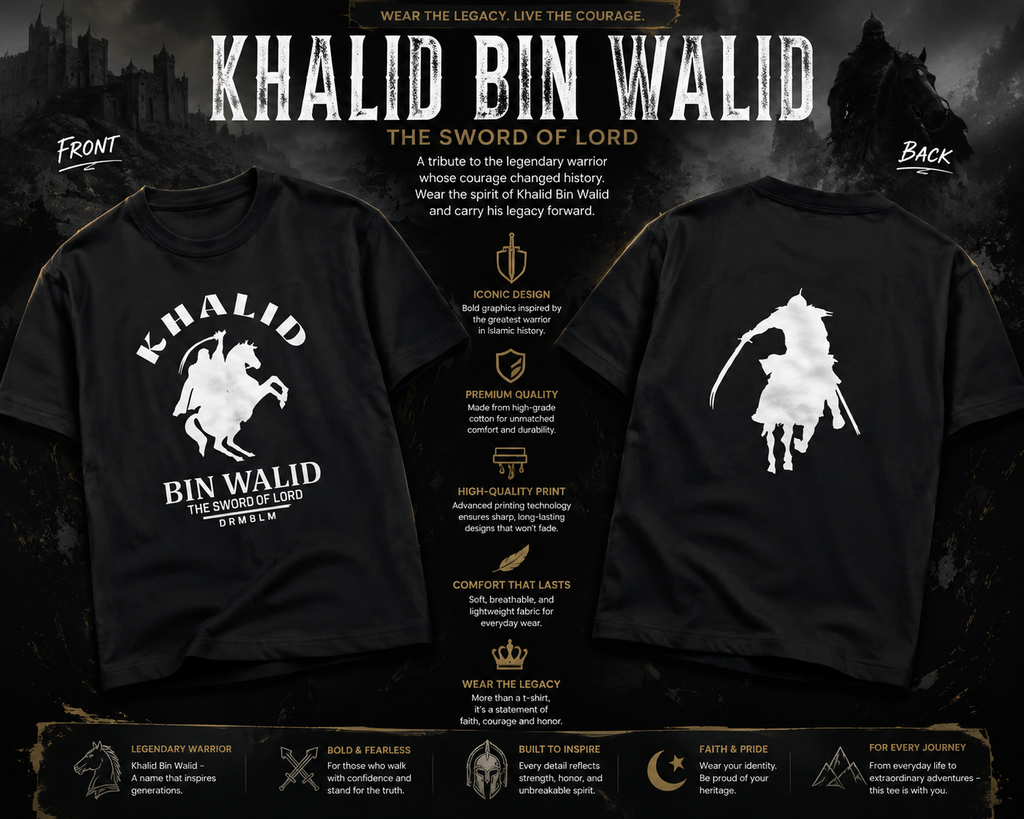 UMAR LOOKS Khalid Bin Walid Graphic T-Shirt | Islamic Warrior Oversized Cotton Tee | Sword of Allah Streetwear