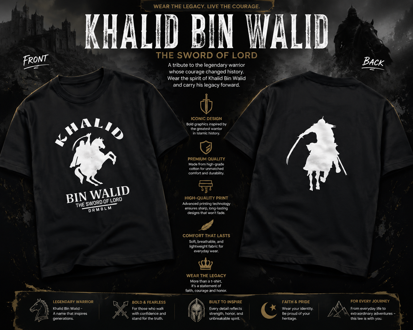 UMAR LOOKS Khalid Bin Walid Graphic T-Shirt | Islamic Warrior Oversized Cotton Tee | Sword of Allah Streetwear